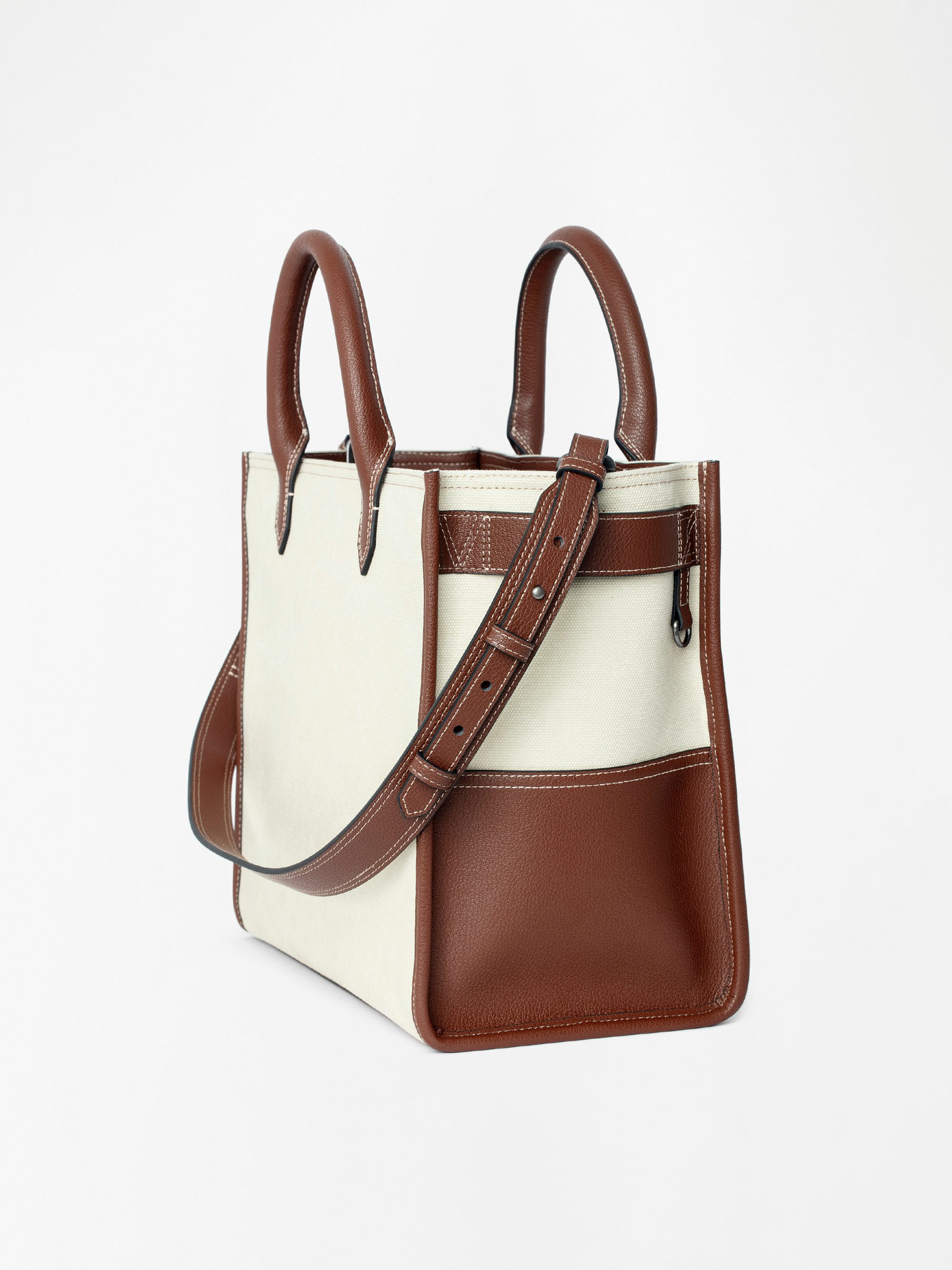 Angel Tote - Canvas and grained leather tote bag with double handles, shoulder strap and wing signature.